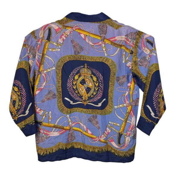 Vintage Stunt Collections Blouse 100% Silk Blue Tassel Ribbon Print Large 80s - Picture 5 of 13